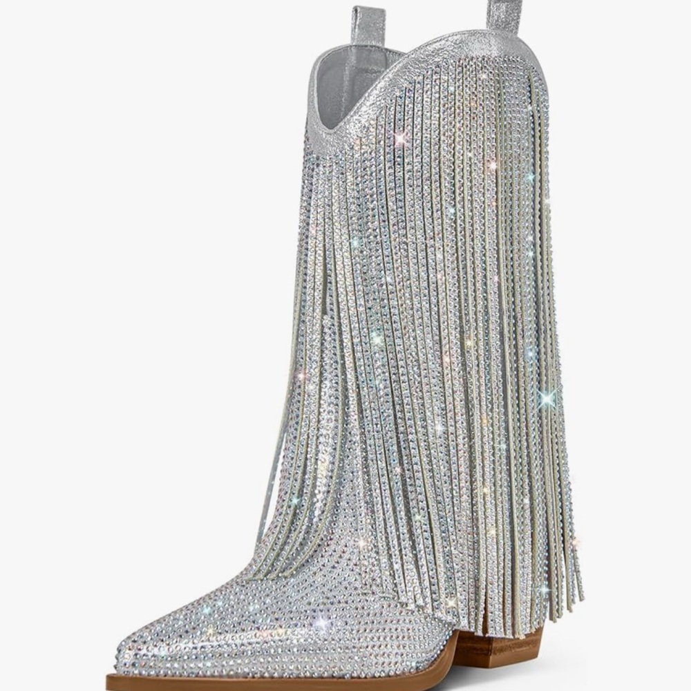 Silver Rhinestone Fringe Cowboy Boots
